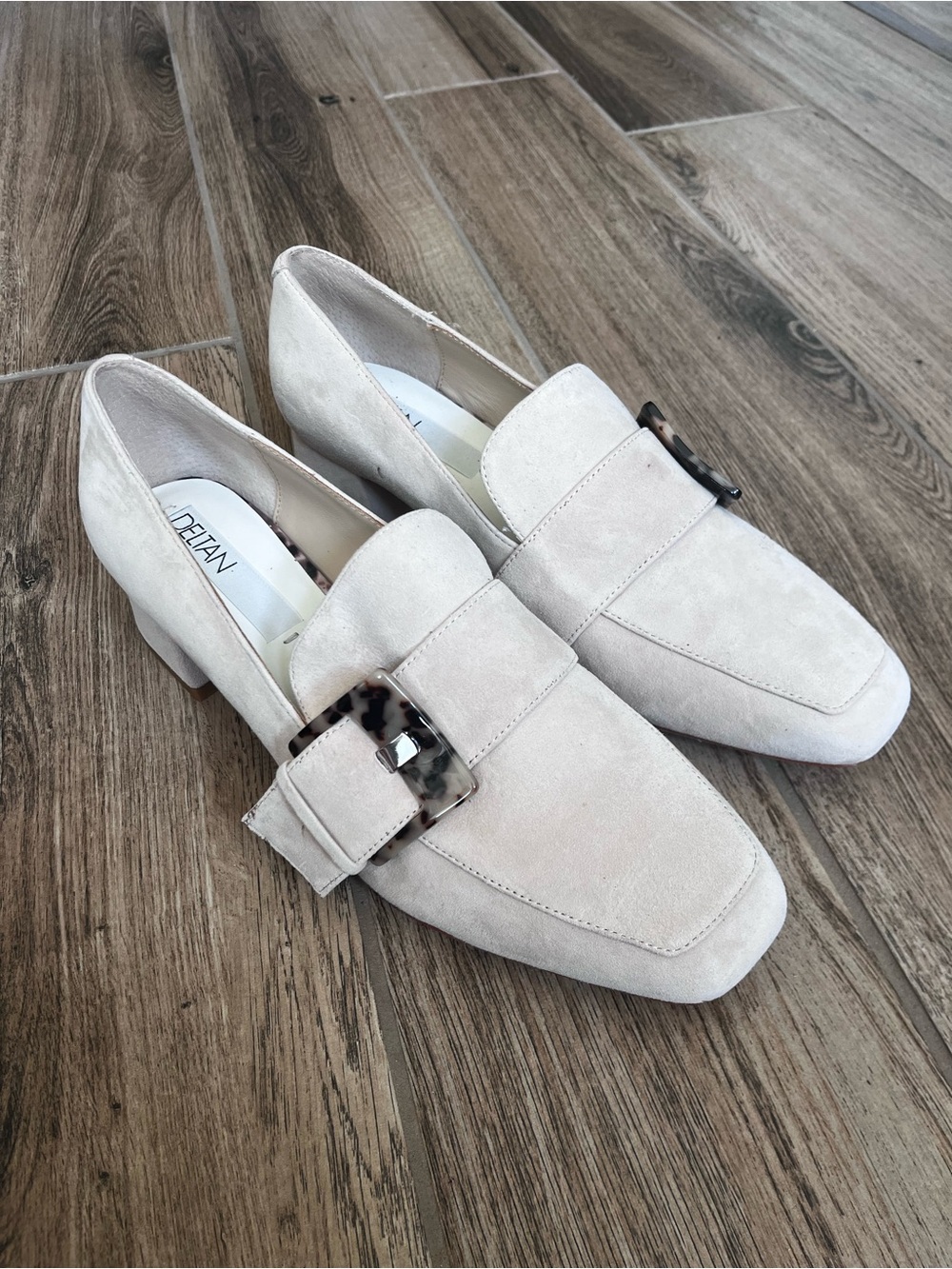 Dellan Women's Cream Suede Buckle Loafers